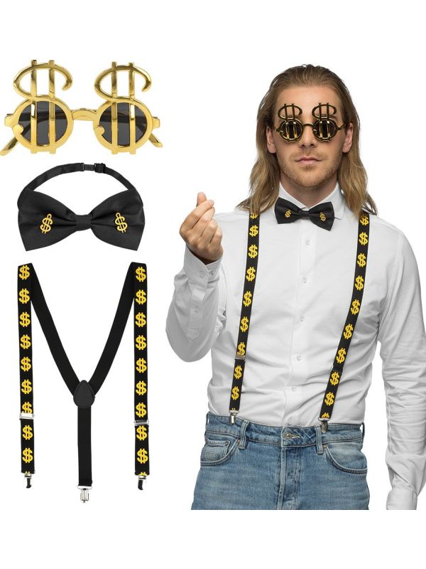Gouden Dollar Feestset Bril Strikje Bretels
