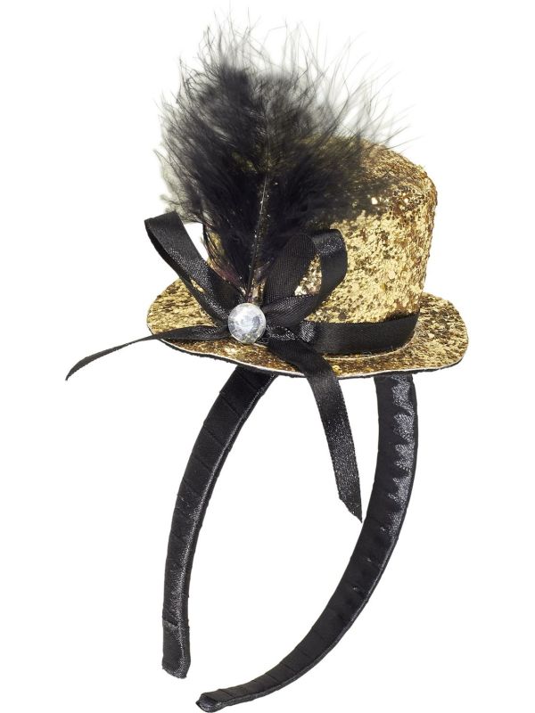 Gouden Mini Glitter Hoedje met Veer
