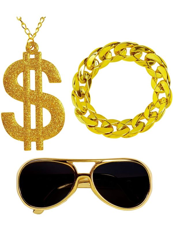 GIGIIS Colliers Bagues Hip Hop Pour Homme 80s 90s Déguisement Hip H Pour Homme 80s 90s Deguisement Hip Hop Accessoires Lunettes De Soleil Rappeur Dollar Boss Si Amz