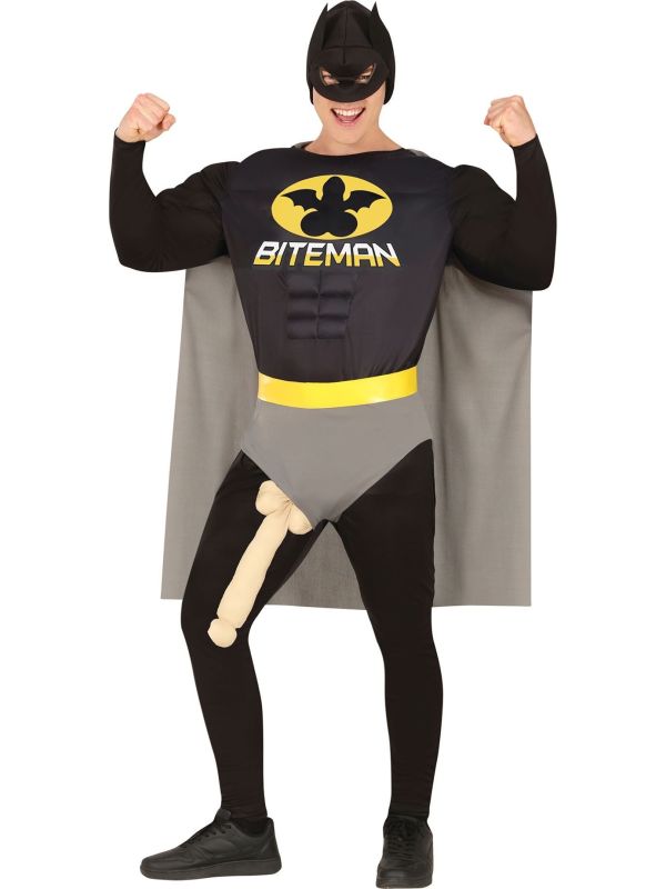 Grappig Biteman Superhelden Kostuum met Penis Zwart Geel Heren