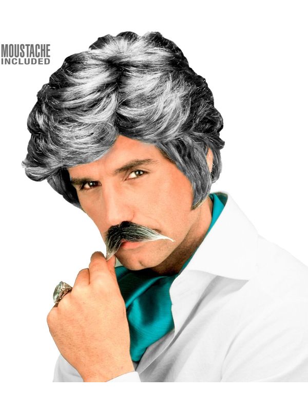 Grijze 80's Playboy Pruik met Snor
