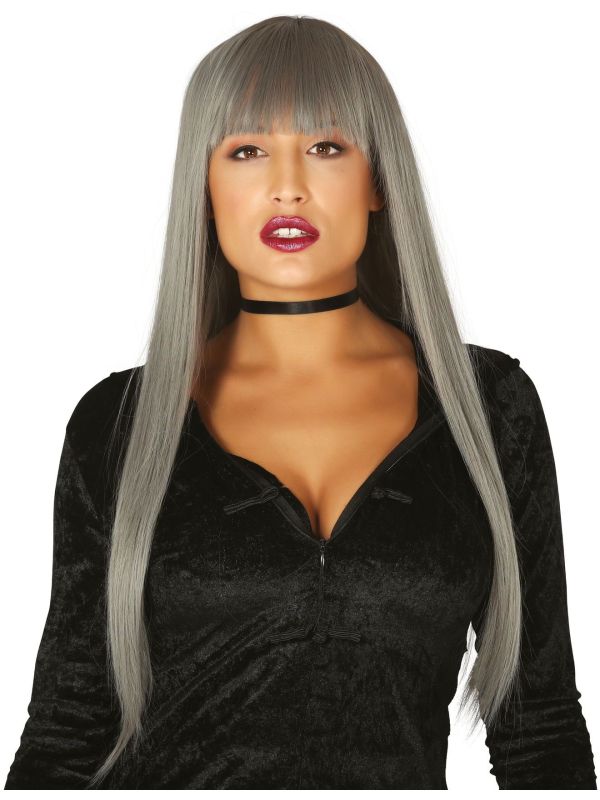 Grijze Lange Pruik met Pony
