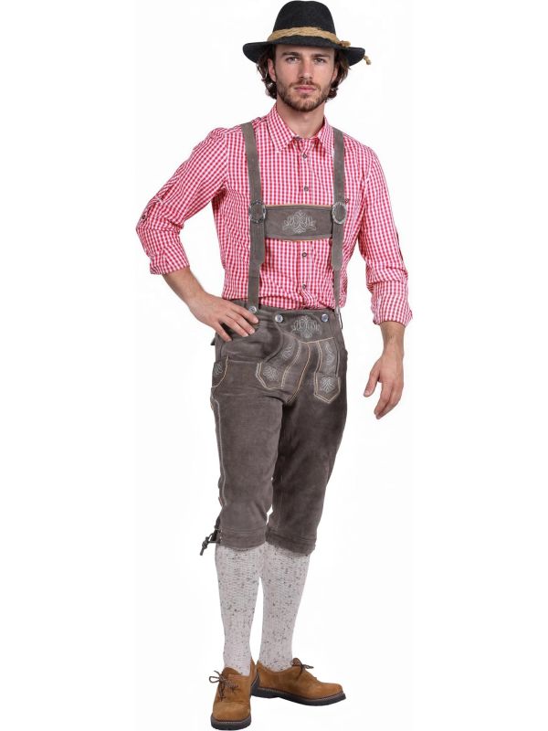 Grijze Leren Oktoberfest Lederhose met Bretels voor Heren