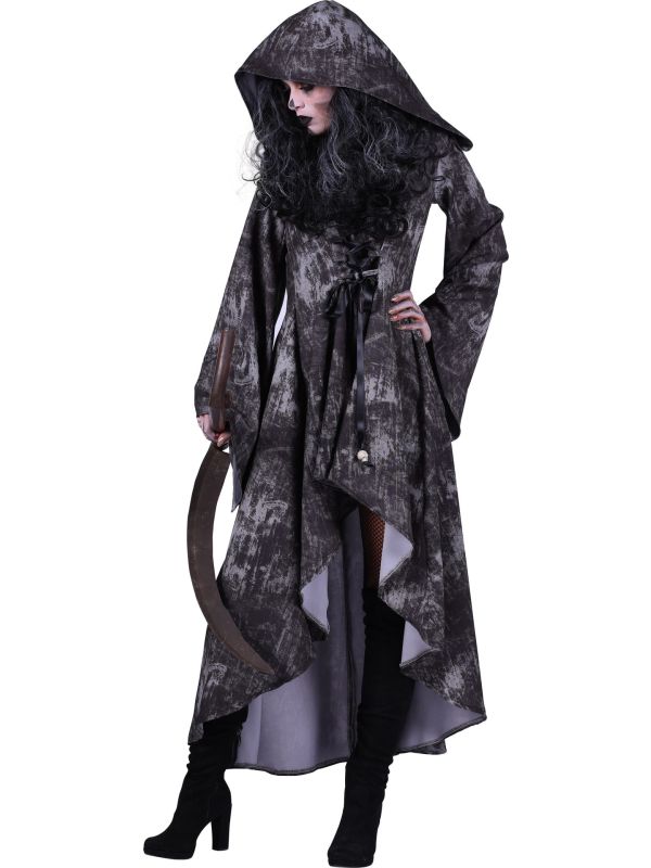 Grijze Magere Hein Kostuum met Capuchon Dames Halloween