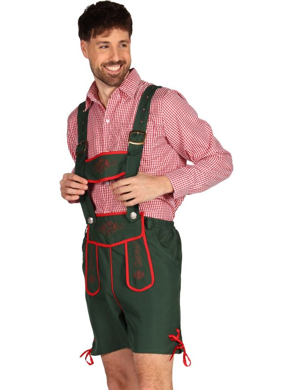 Groen Lederhose Kostuum Heren met Rood Witte Blouse Oktoberfest