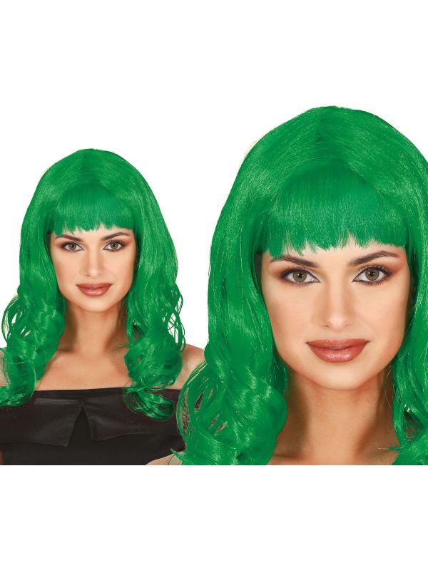 Groene Dames Pruik Lang Krullend met Pony