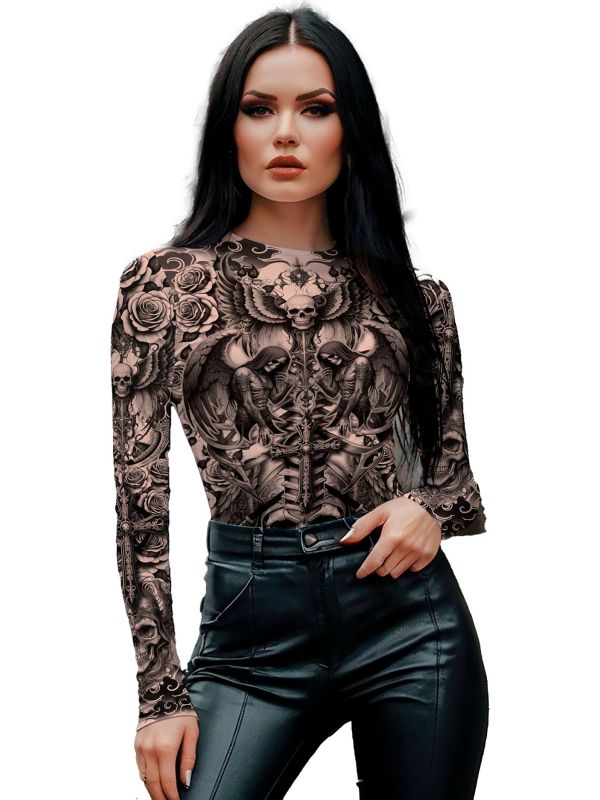 Halloween Dames Bodysuit met Nep Tattoos Zwart