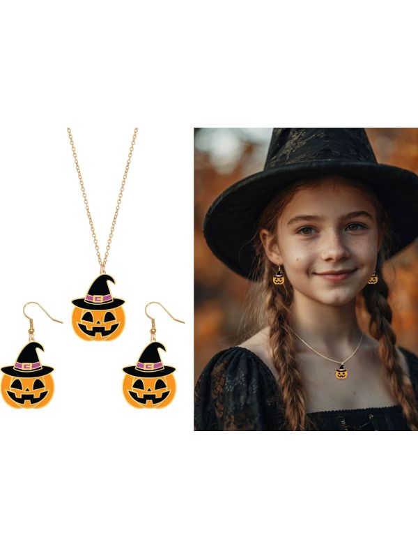 Halloween Oranje Pompoen Oorbellen en Halsketting Kind