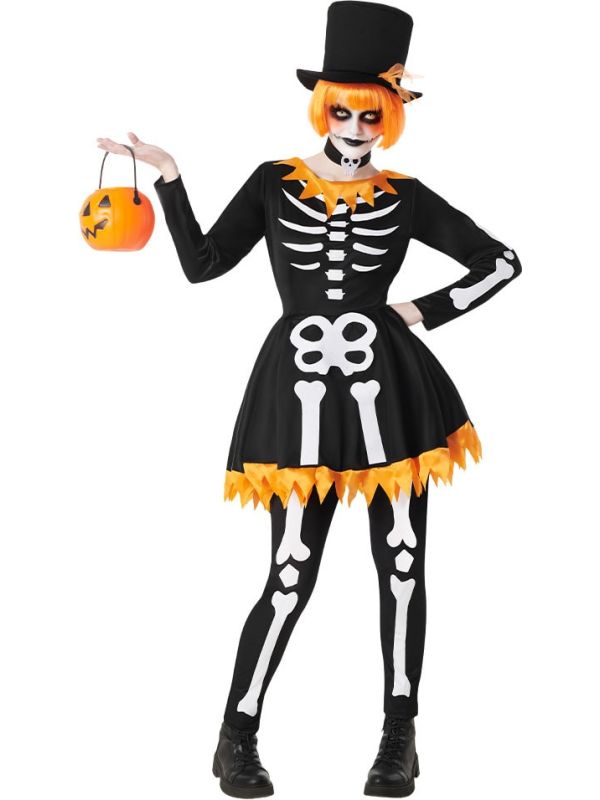 Halloween Skelet Dames Jurk Zwart met Oranje Randen