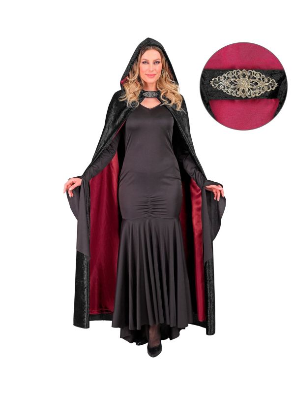 Halloween Zwarte Hooded Cape met Rode Voering