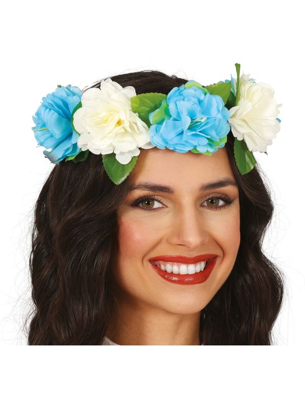 Hawaii Bloemenkroon Blauw Wit Volwassenen