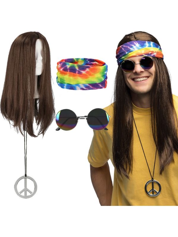 Hippie Woodstock Accessoireset Heren Pruik Bril Hoofdband