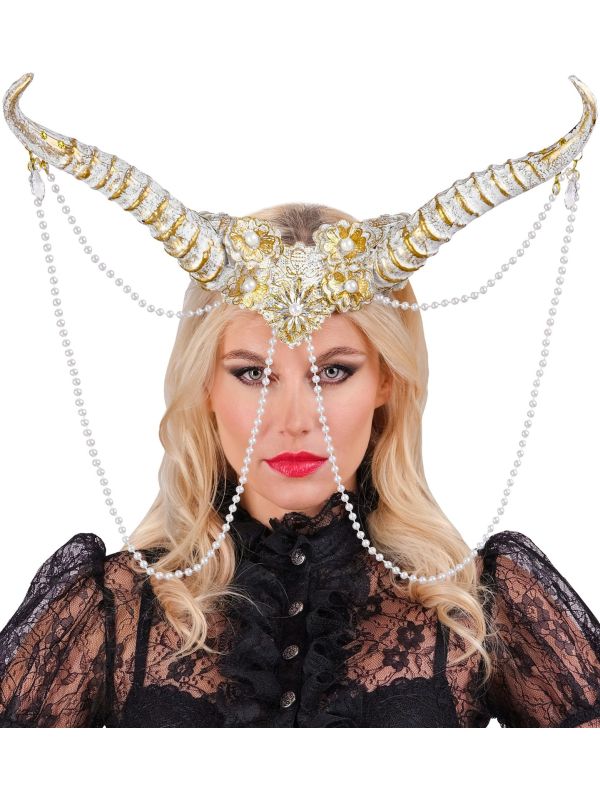 Hoofdband Wit Goud Duivel met Hoorns