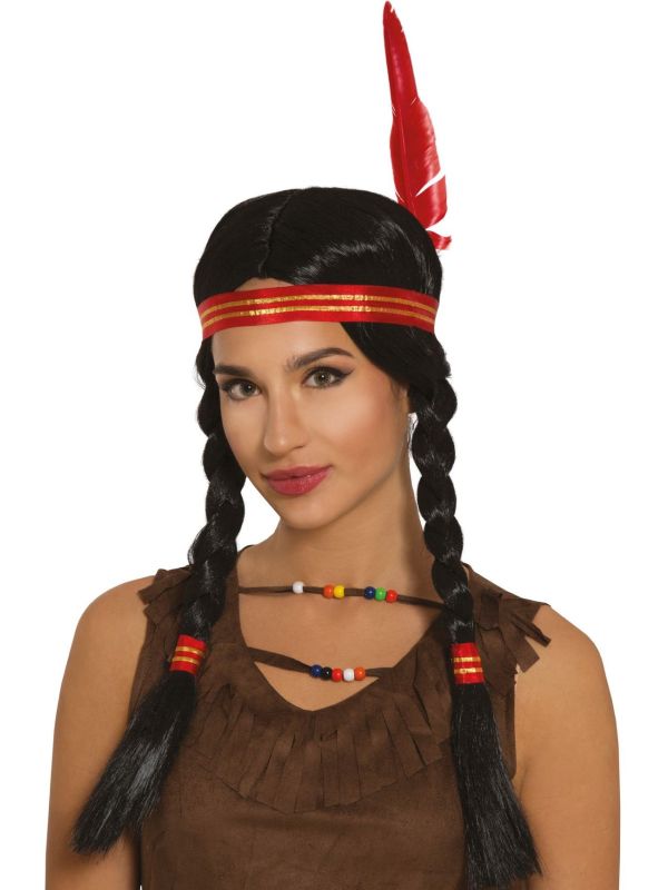 Indianen Pruik met Vlechten en Veer