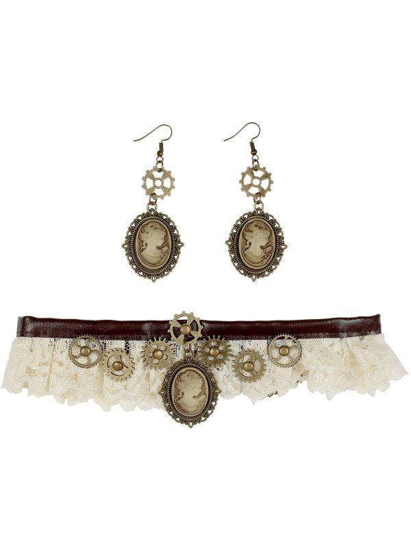 Kanten Steampunk Choker en Oorbellen
