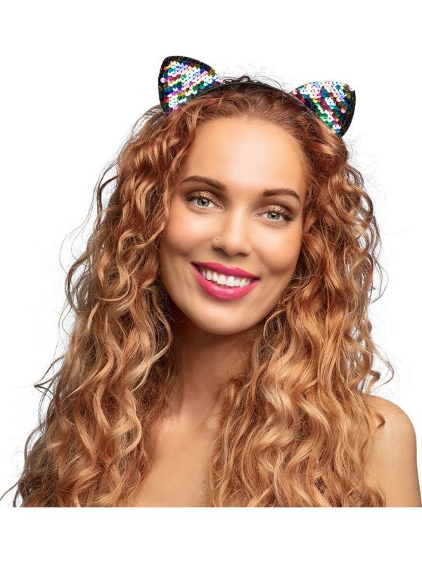 Katten Tiara Haarband met Regenboog Pailletten