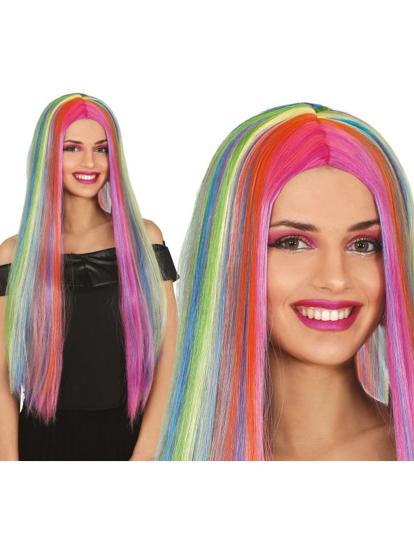 Kleurrijke Dames Regenboog Pruik Lang Stijl