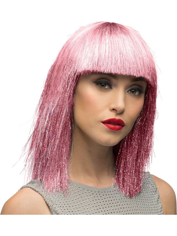 Korte Roze Glitter Damespruik