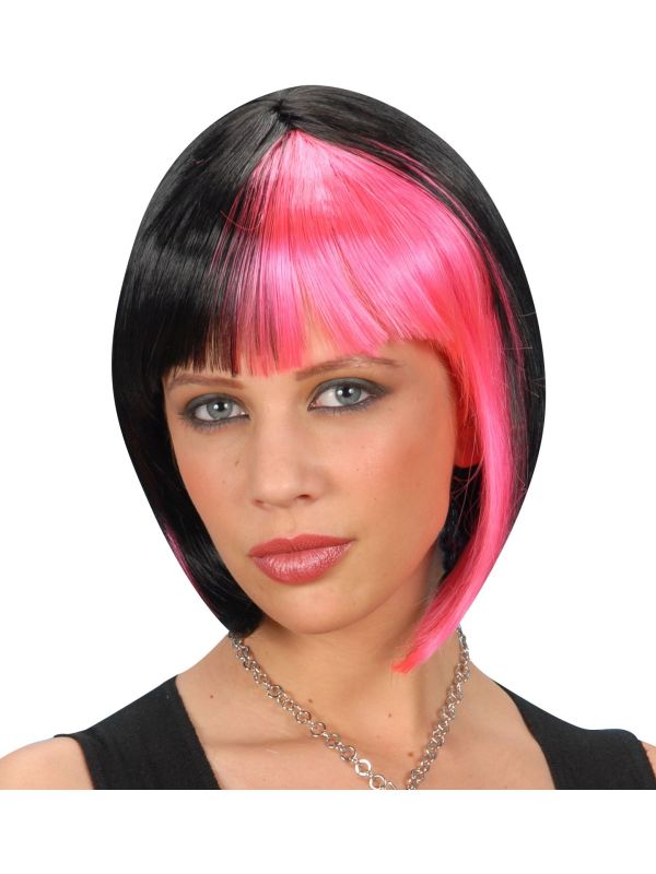 Korte Zwart-Roze Pruik