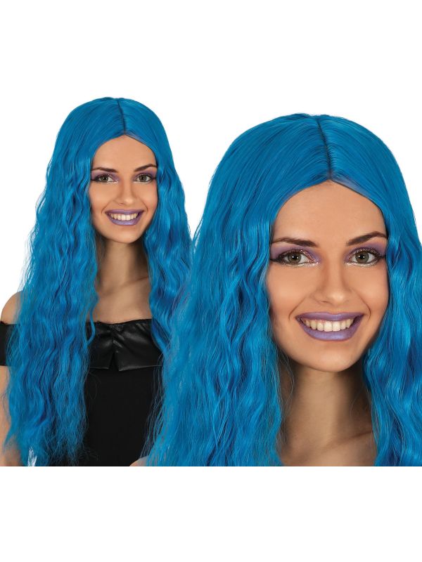 Lange Blauwe Pruik Golvend Dames