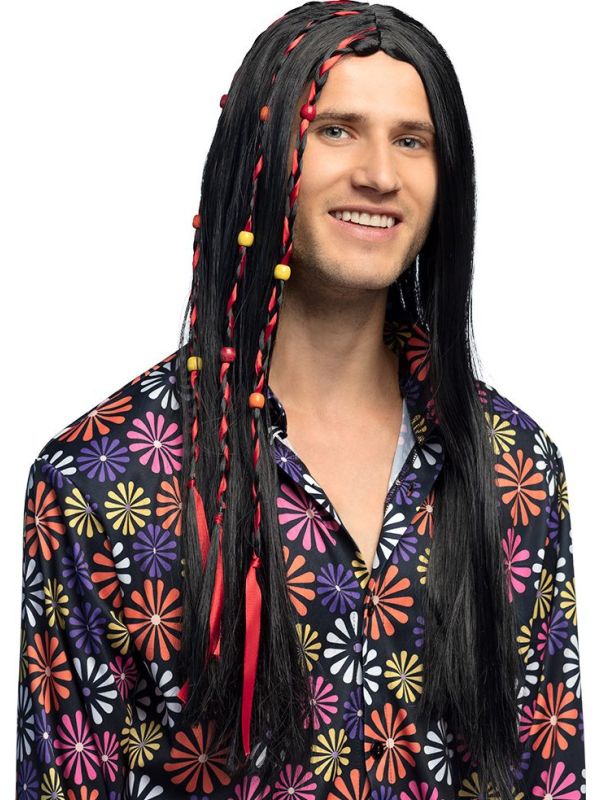 Lange Flower Power Pruik Zwart