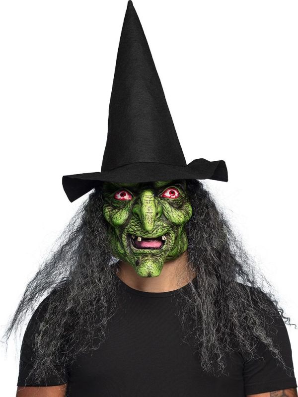Latex Hoofdmasker Heks Lucinda met Hoed en Haar