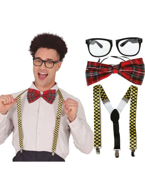 Meerkleurige Nerd Set Bril Strikje Bretels