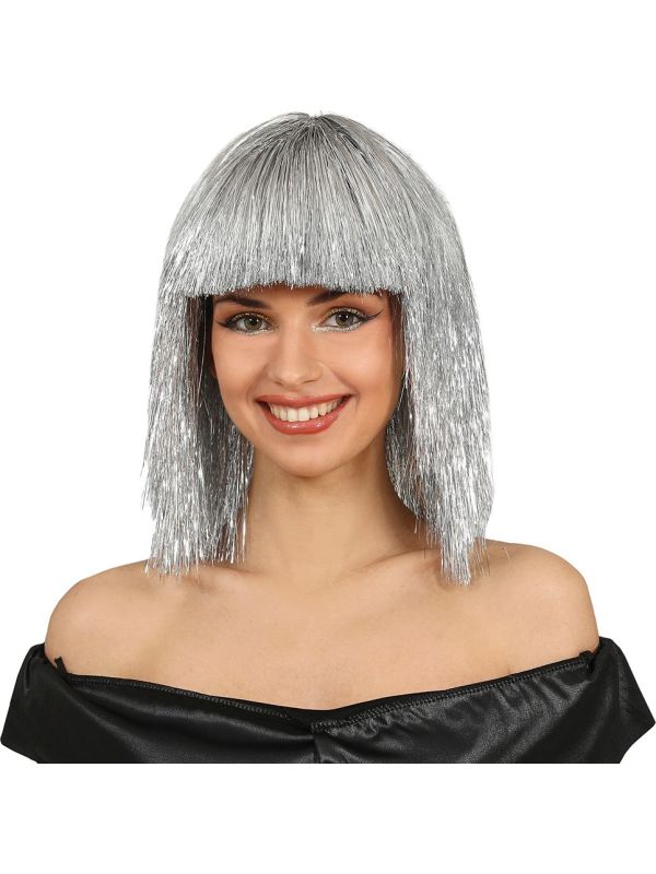 Metallic Zilveren Pruik met Pony