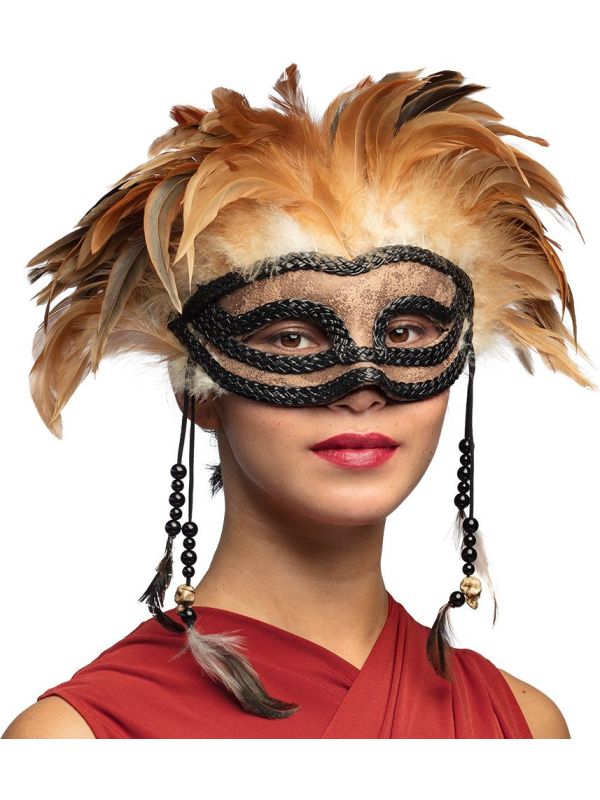 Mystiek Bruin Voodoo Masker met Veren