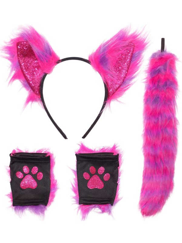 Neon Cat Roze Verkleedset met Oren Staart en Handschoenen