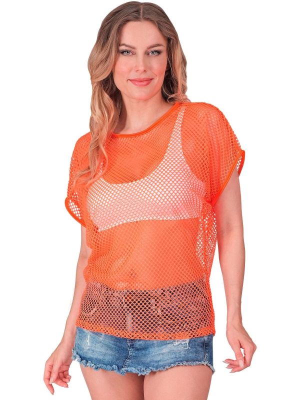 Neon Oranje 80s Dames Carnaval Visnet Shirt