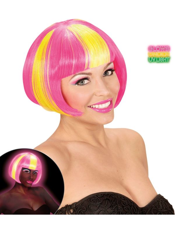 Neon Roze-Gele Gestreepte Pruik
