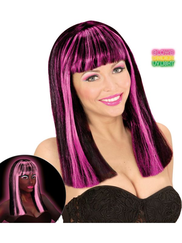 Neon Roze-Zwarte Gestreepte Pruik