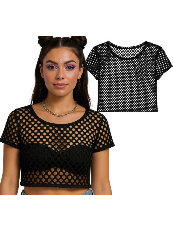 Neon Zwarte Visnet T-Shirt 80's Dames