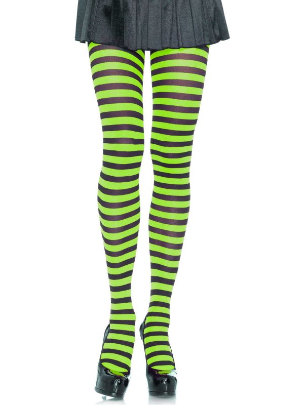 Nylon Gestreepte Panty Zwart-Limoen Groen