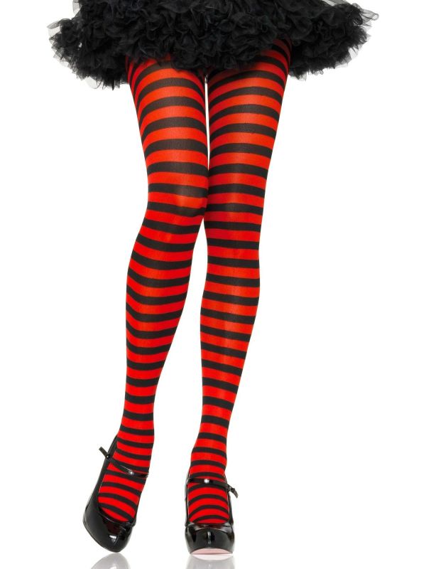 Nylon&#x20;Gestreepte&#x20;Panty&#x20;Zwart-Rood