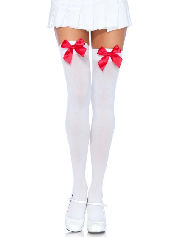 Nylon Kniekousen Wit met Rode Strik