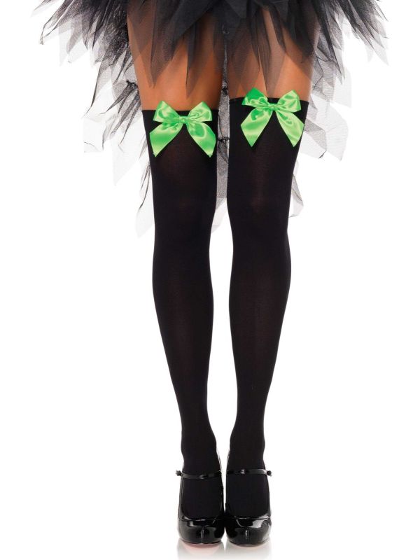 Nylon Kniekousen Zwart met Groene Strik