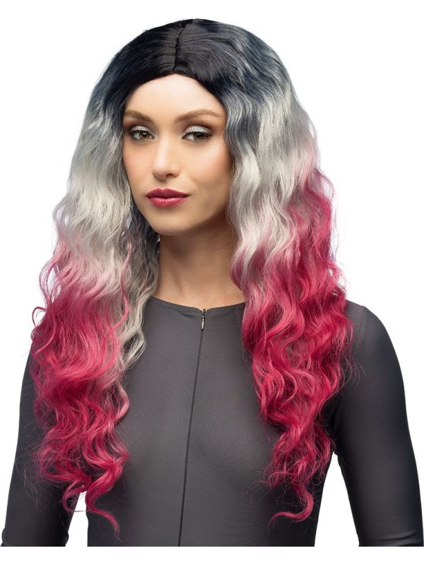 Ombre Pruik Dames Zwart Grijs Roze Lang Krullend