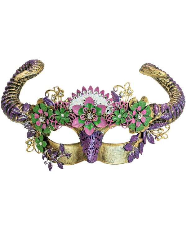 Oogmasker Duivel met Bloemen Goud Paars