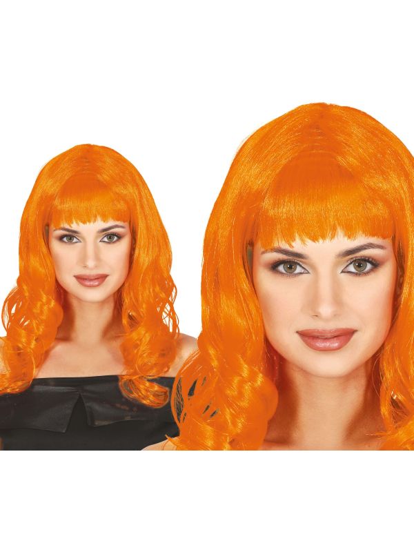 Oranje Dames Pruik Lang Krullend met Pony