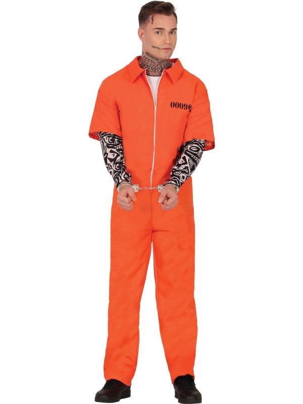 Oranje Gevangene Overall met Nep Tattoo Sleeve Volwassenen