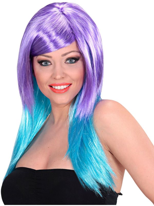 Paars-Blauwe Pruik Lang Haar