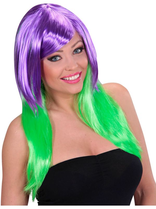 Paars-Groene Pruik Lang Haar