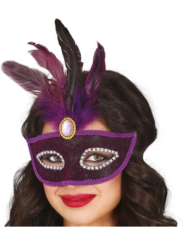 Paars Masker met Veren Venetiaans Carnaval