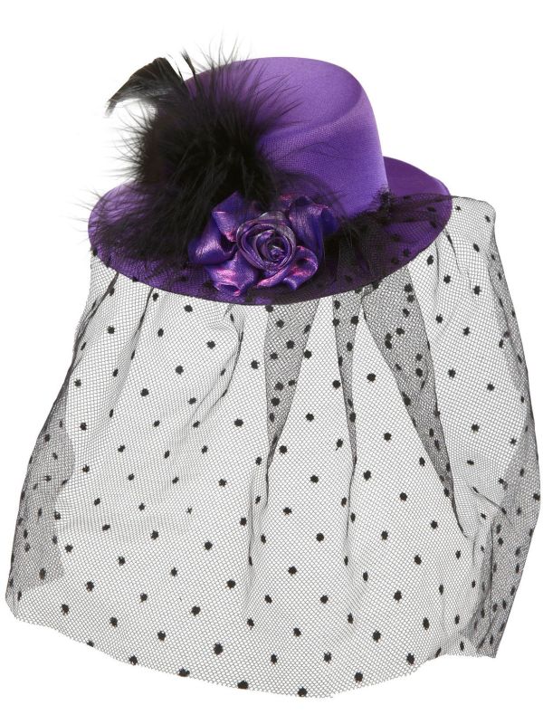 Paarse Burlesque Mini Hoge Hoed met Sluier