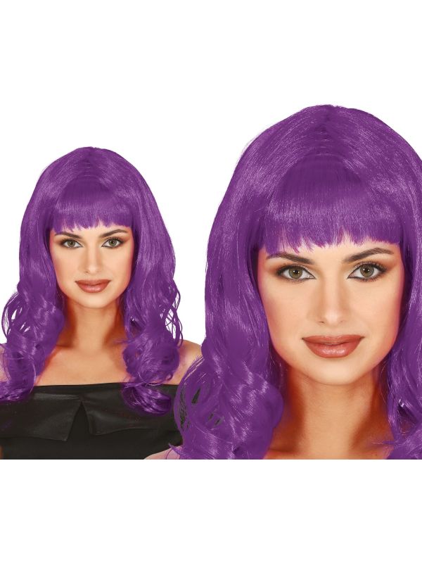 Paarse Dames Pruik Lang Krullend met Pony