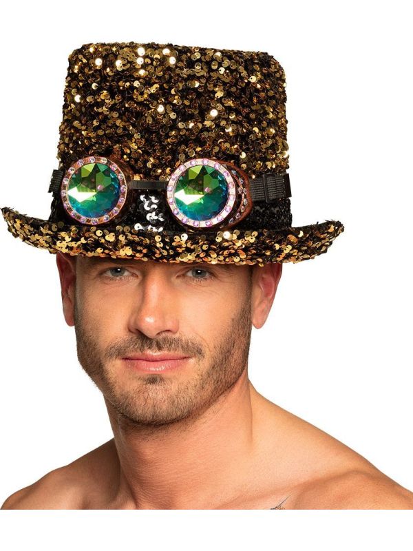 Pailletten Steampunk Hoed met Bril Goud