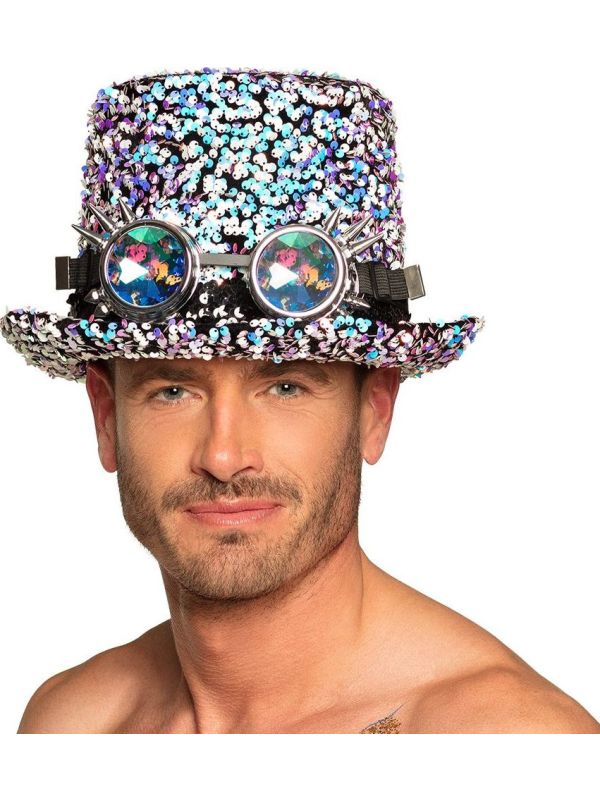 Pailletten Steampunk Hoed met Bril Zilver