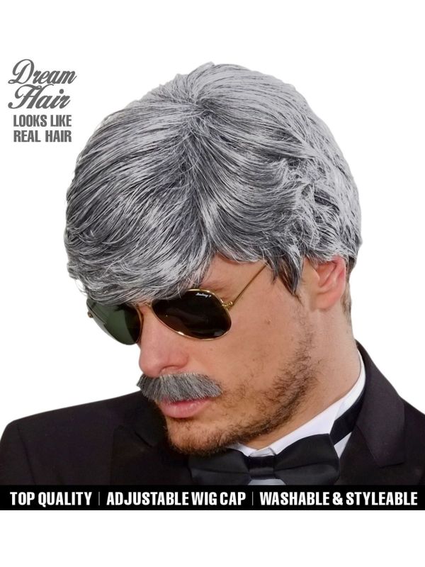 Playboy Pruik met Snor Grijs